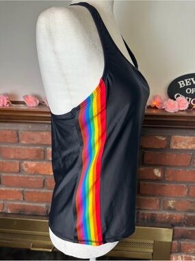 Pride Black Swim Top with Rainbow Side Stripe
